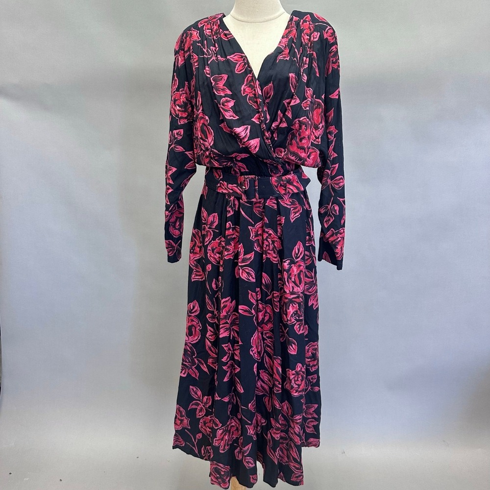 Together Vintage 90s black‎ Floral Print Blouson Surplice Midi Dress Size 12